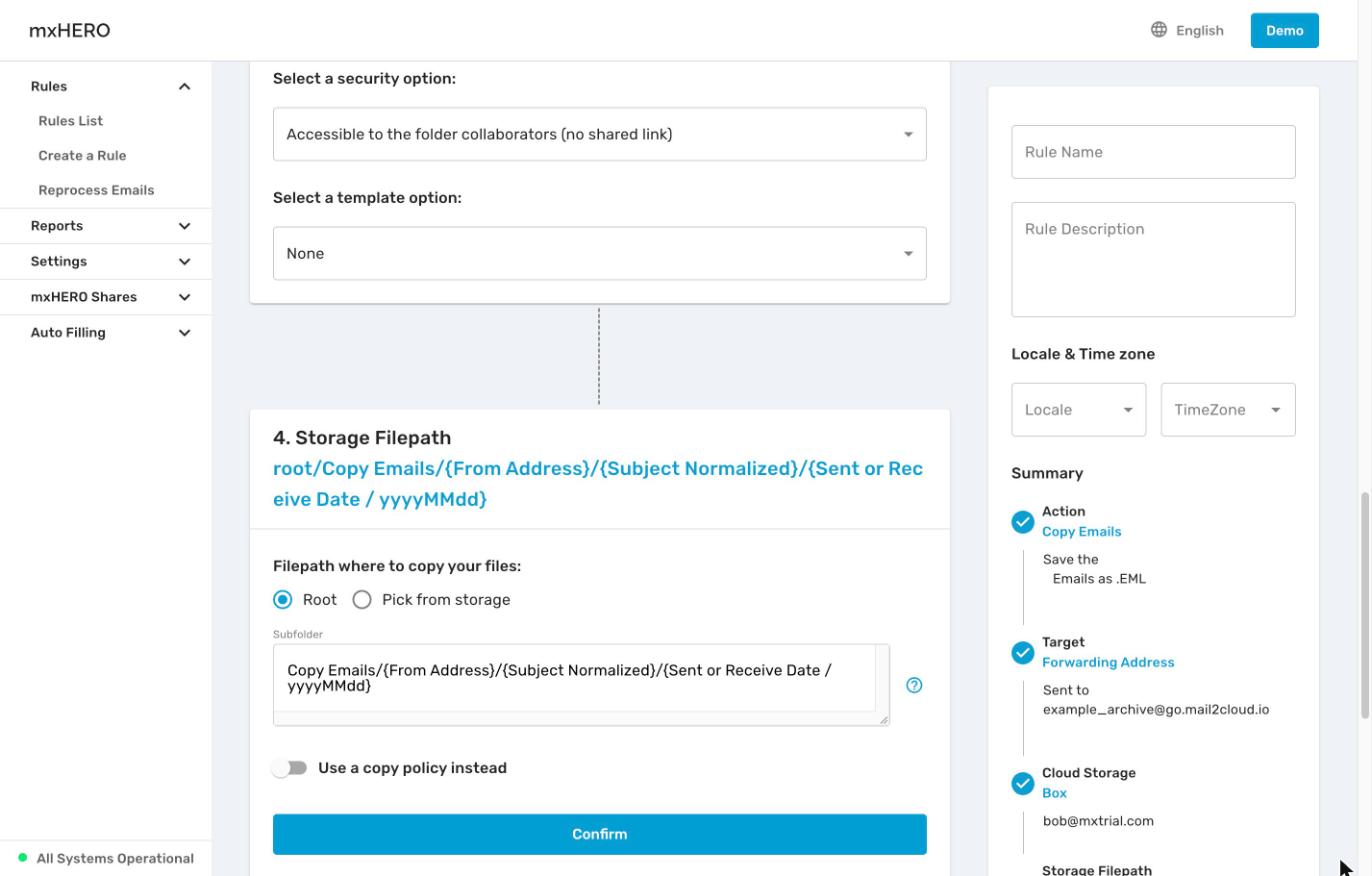 Copy Emails Storage Filepath step with the default path