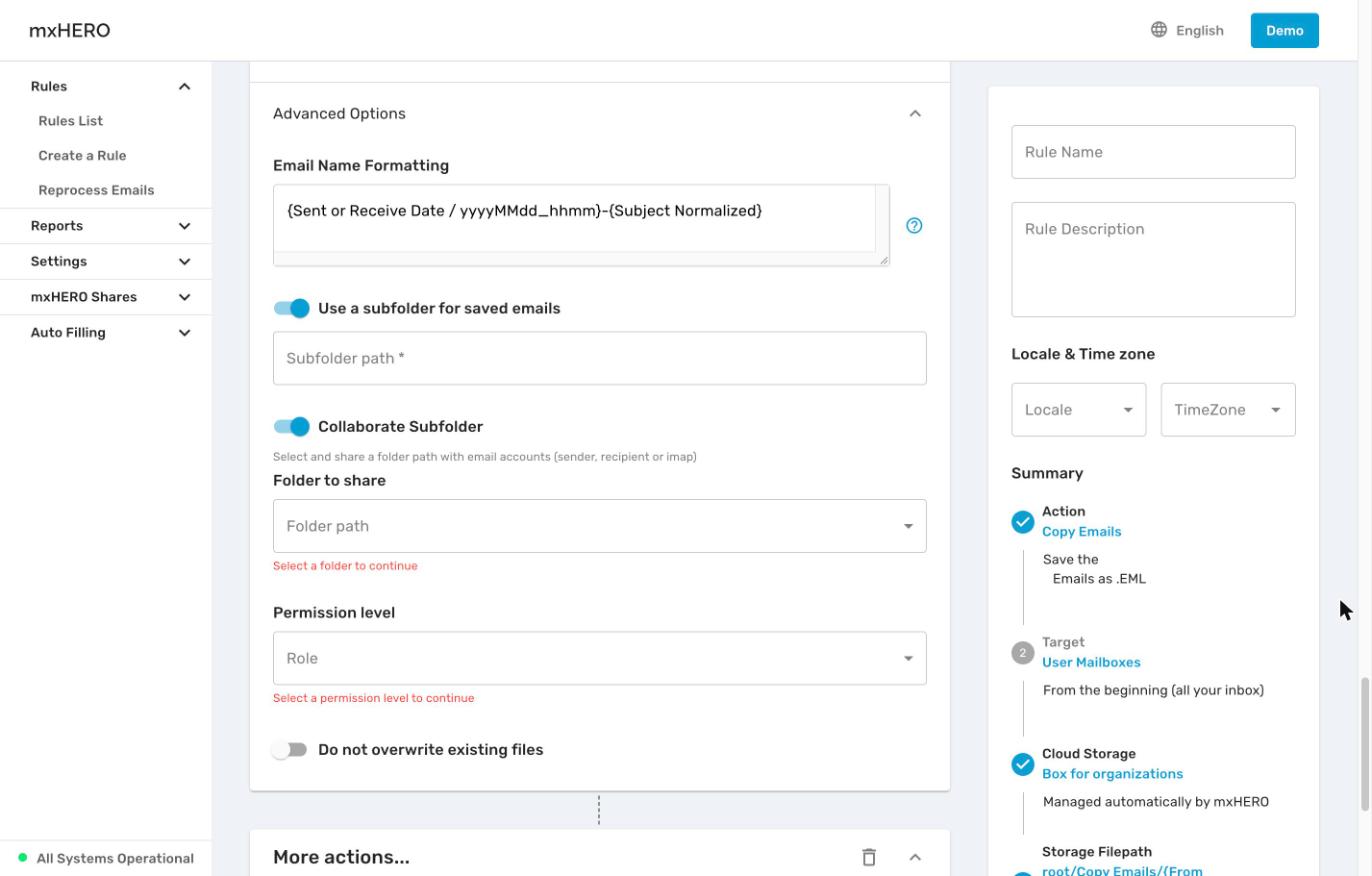 Storage Filepath Advanced Options with a subfolder for saved emails and Collaborate Subfolder