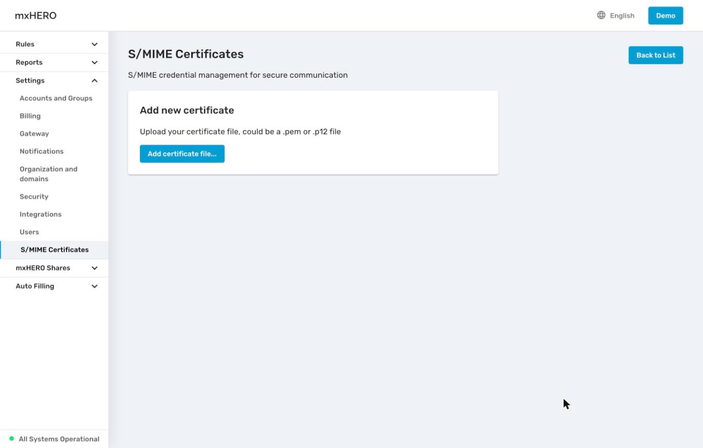 Add new certificate page: upload a .pem or .p12 file