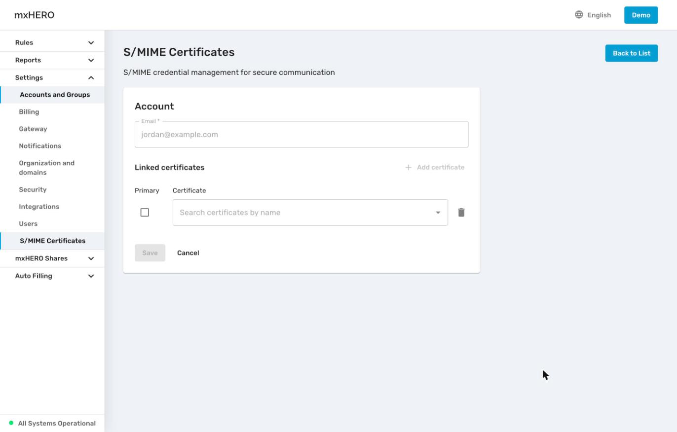 Editing an S/MIME account: Linked certificates with the Primary checkbox
