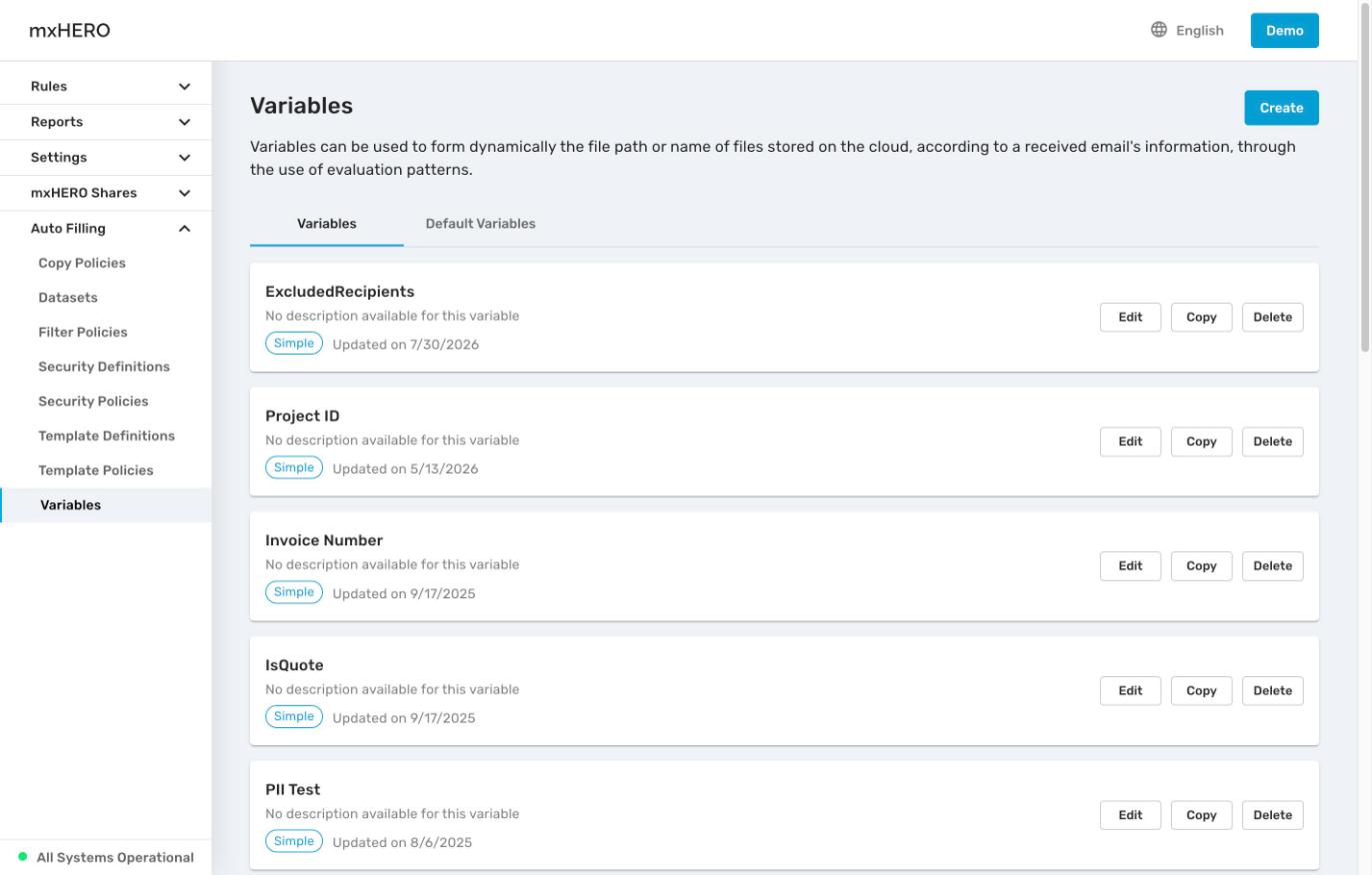 Variables tab listing custom variables with Edit, Copy and Delete buttons