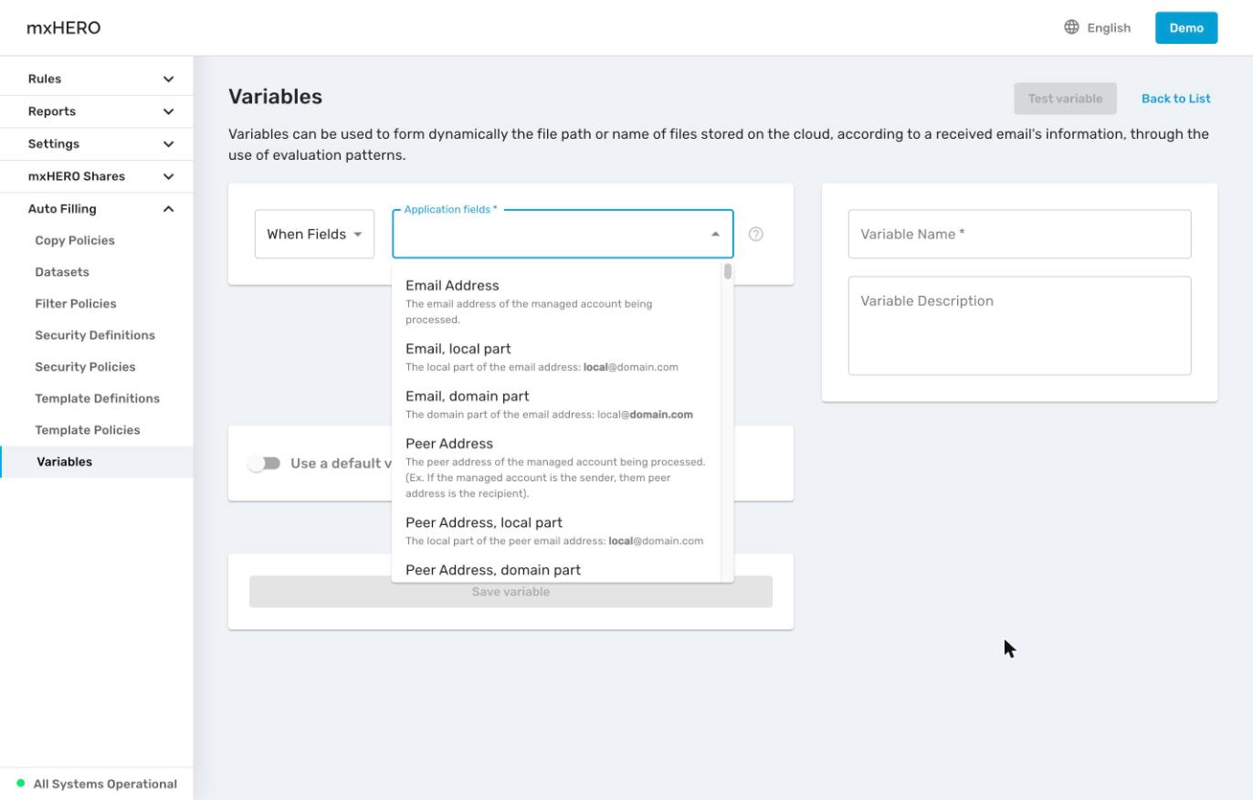 Application fields list with display names and descriptions