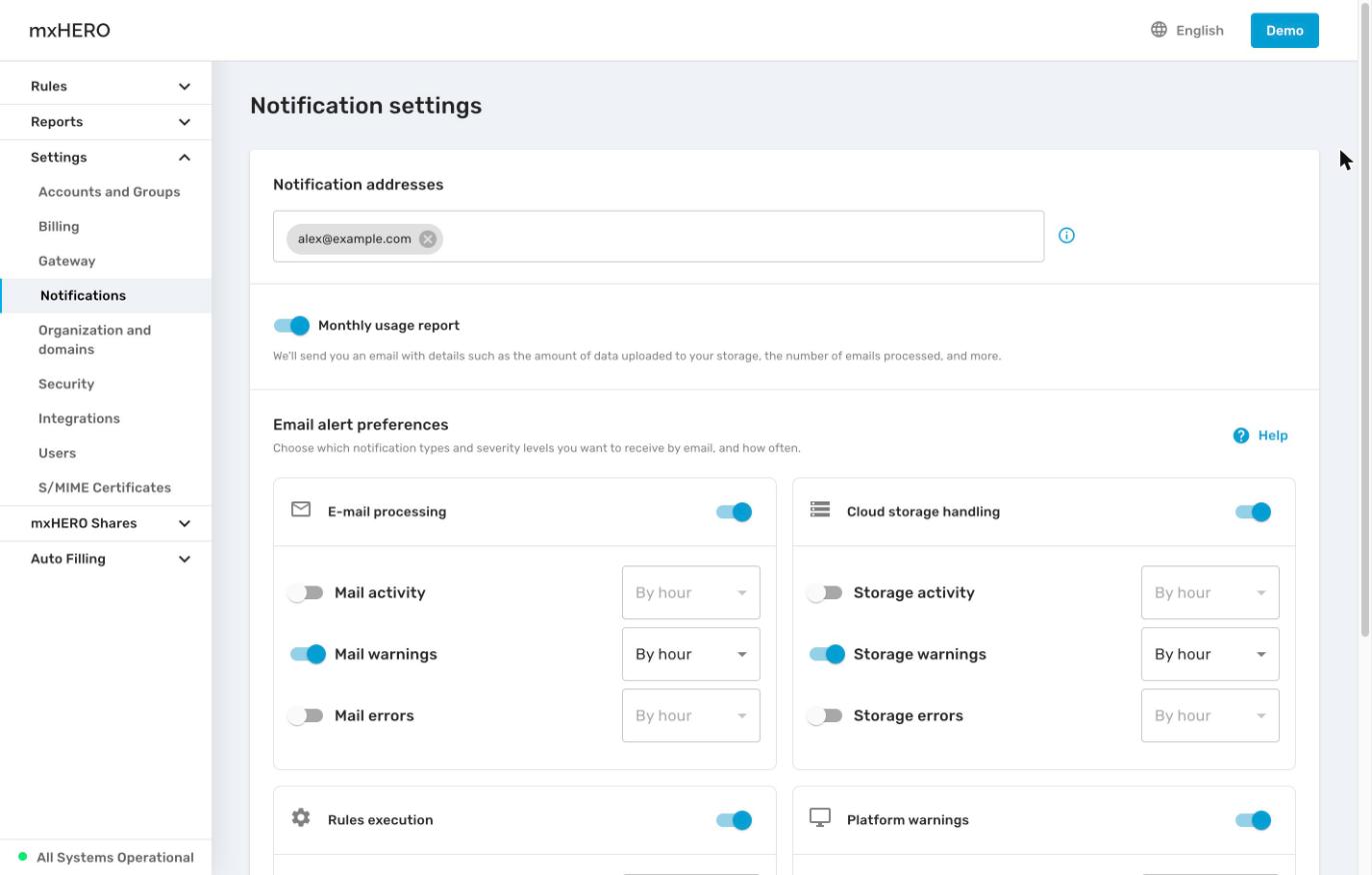 Notification settings page with Notification addresses, the Monthly usage report switch and the first alert cards