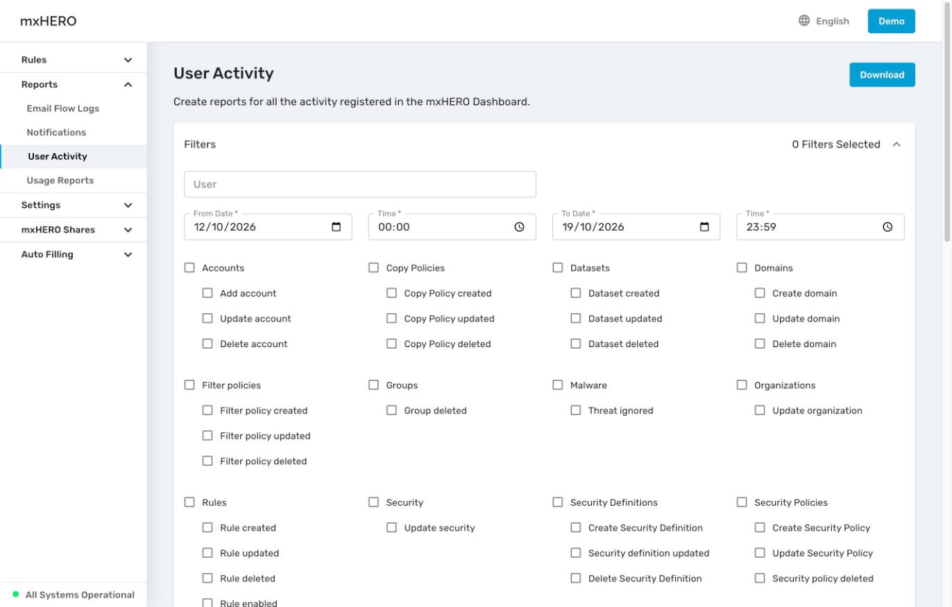 User Activity filters with the user field, date and time fields, and event checkboxes by group