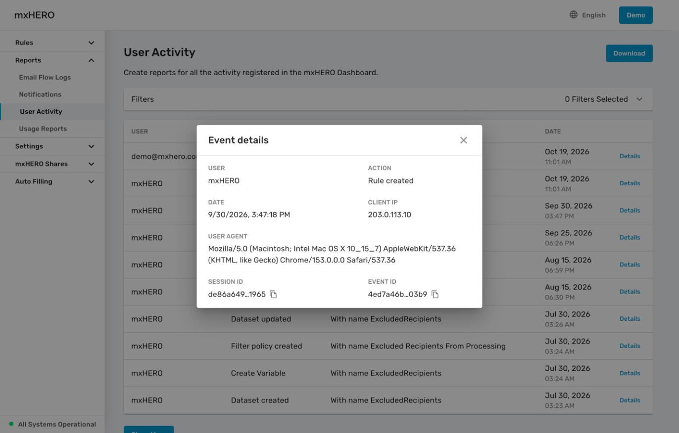 Event details with user, action, date, client IP, user agent, session ID and event ID