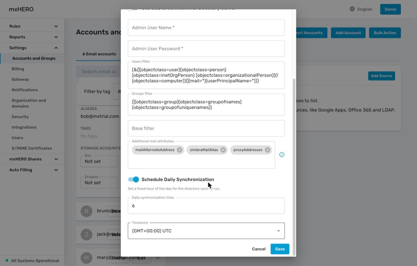 LDAP source with the daily synchronization time and time zone
