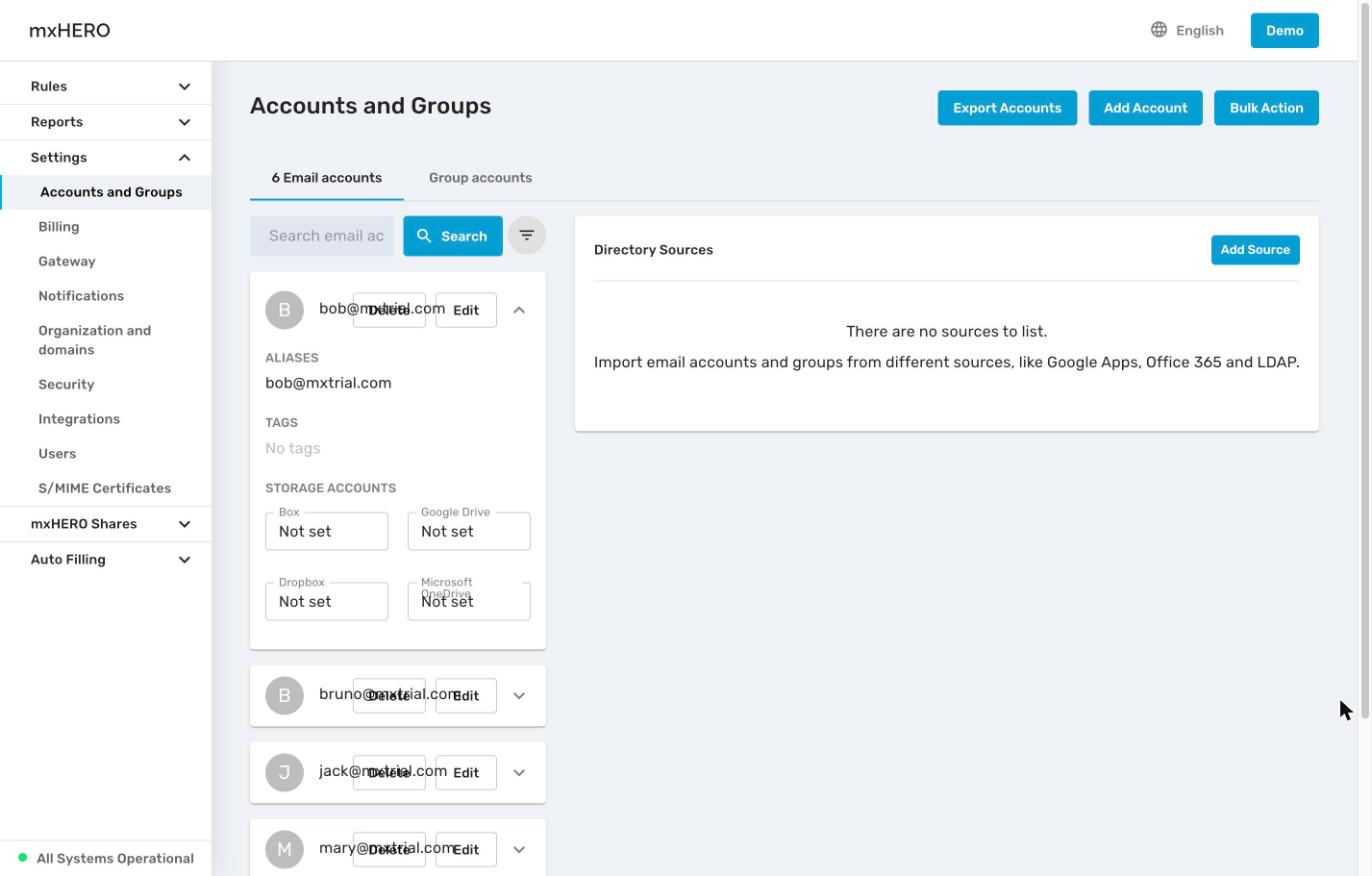 Expanded account row with aliases, tags and storage accounts