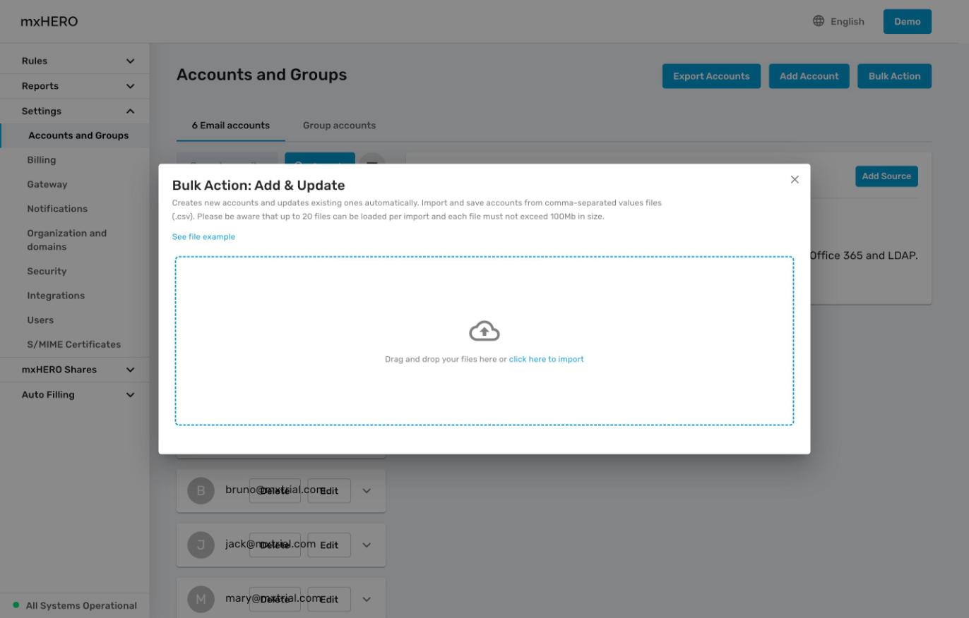 Bulk Action: Add & Update dialog with the file drop zone