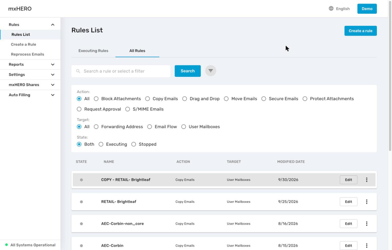 The filter panel with Action, Target and State options
