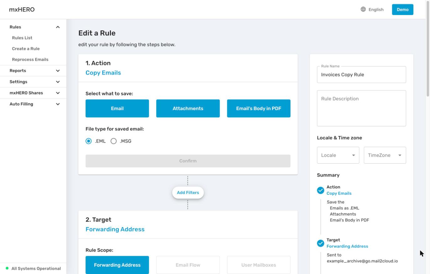 Edit a Rule page with the saved action, rule name and the other target scopes disabled