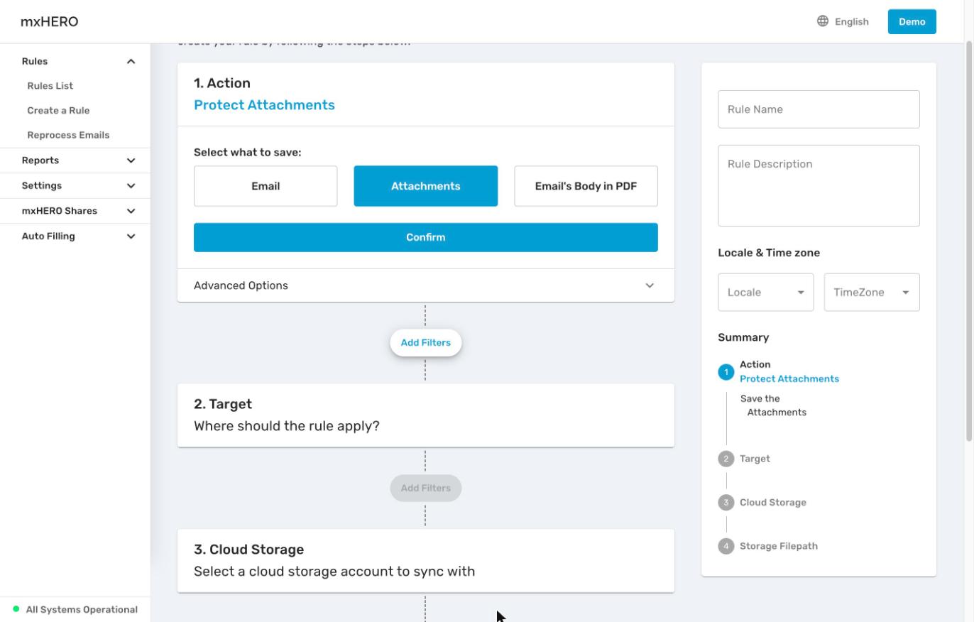 Protect Attachments Action step with Attachments selected and the rule name, locale and summary in the right column