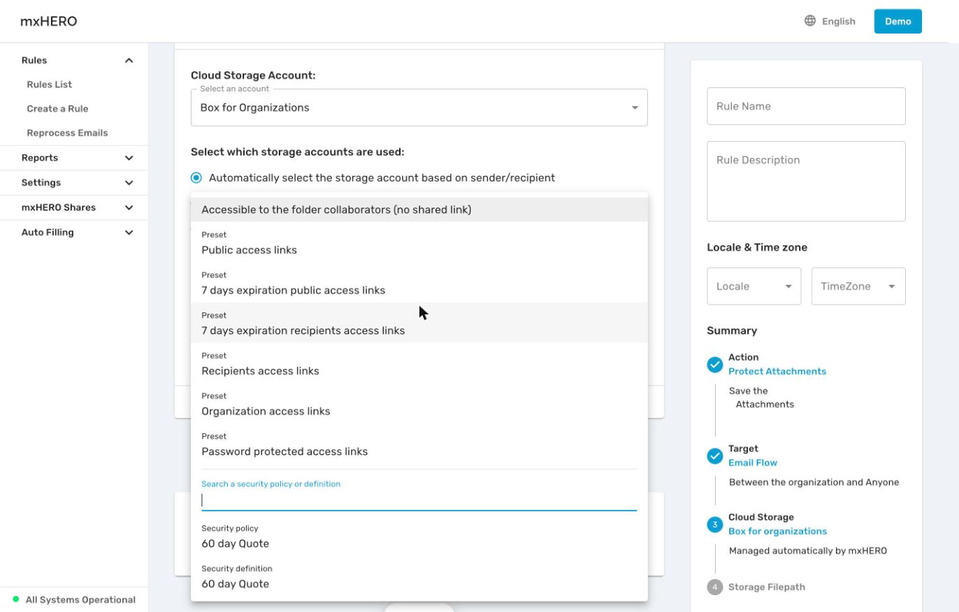 Security option list with presets, security policies and security definitions