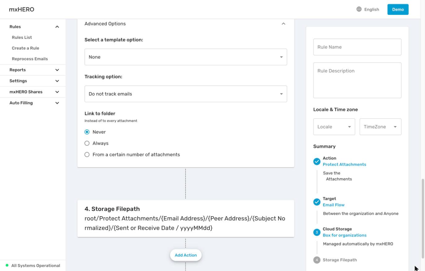 Cloud Storage Advanced Options with template, tracking and link to folder