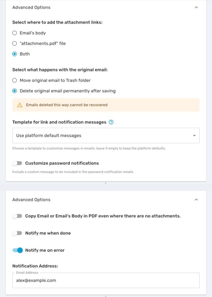 Protect Attachments mailbox options: trash or delete choice and the Target Advanced Options