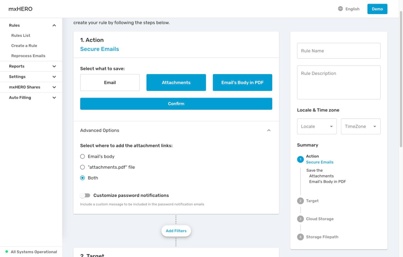 Secure Emails Action step with Attachments and Email's Body in PDF selected, and its Advanced Options