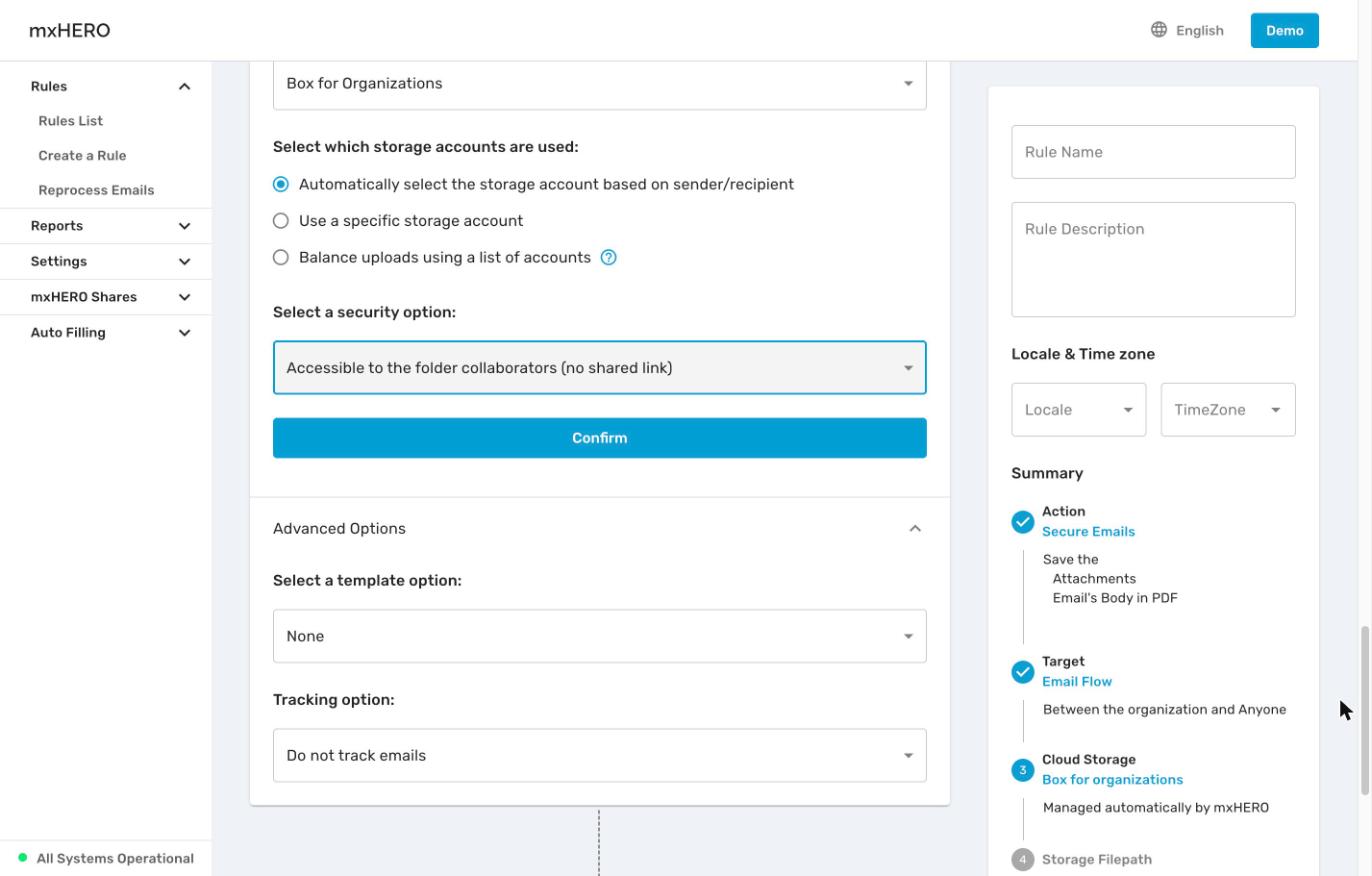 Secure Emails Cloud Storage step with the security option in the main card