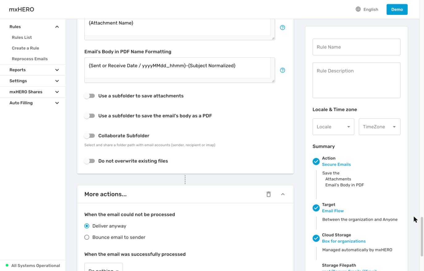 Secure Emails Storage Filepath Advanced Options with attachment and PDF name formatting