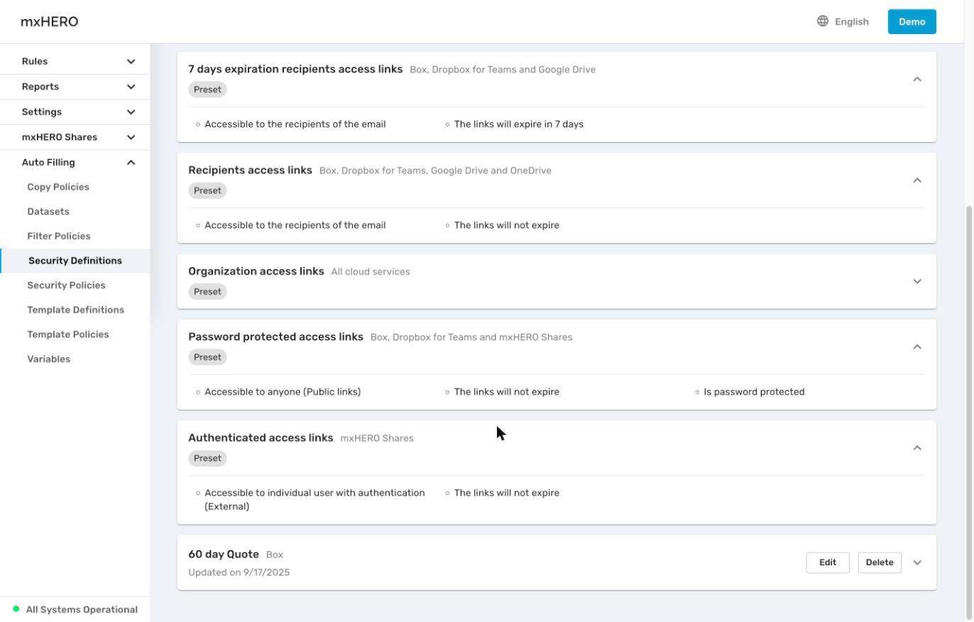 Security Definitions list with the built-in presets expanded to show their settings