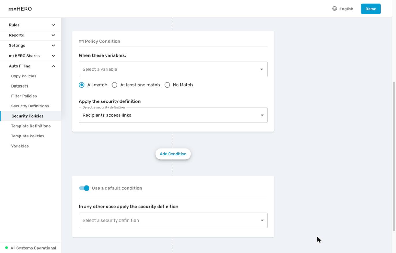 Security policy condition with variables, match mode, chosen definition and the default condition