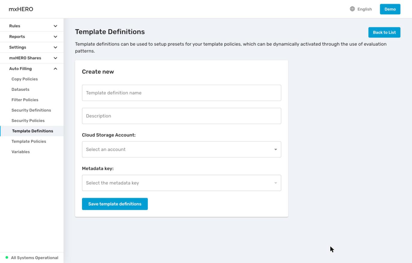 Create template definition form with name, description, Cloud Storage Account and Metadata key