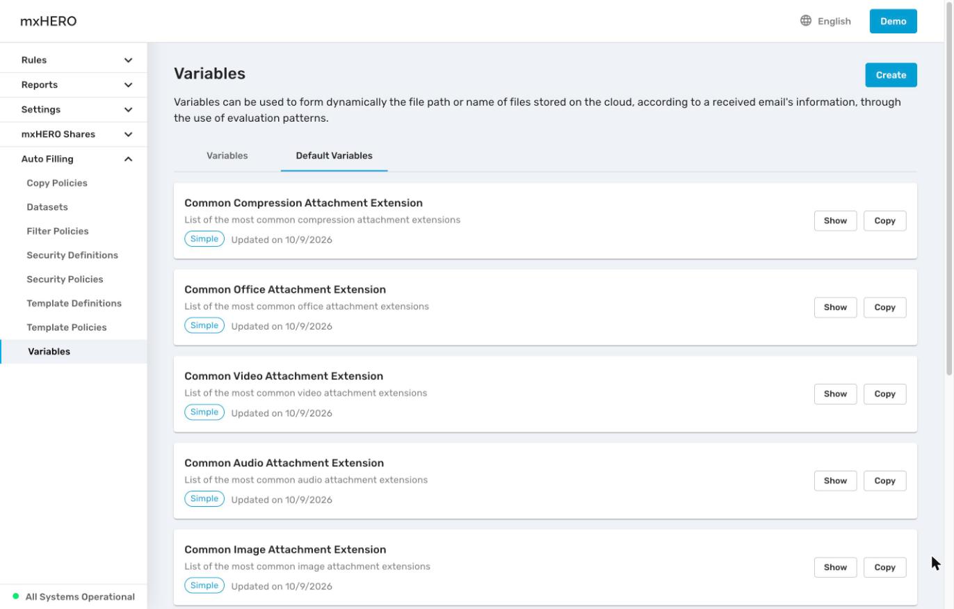 Default Variables tab listing the nine built-in variables with Show and Copy buttons