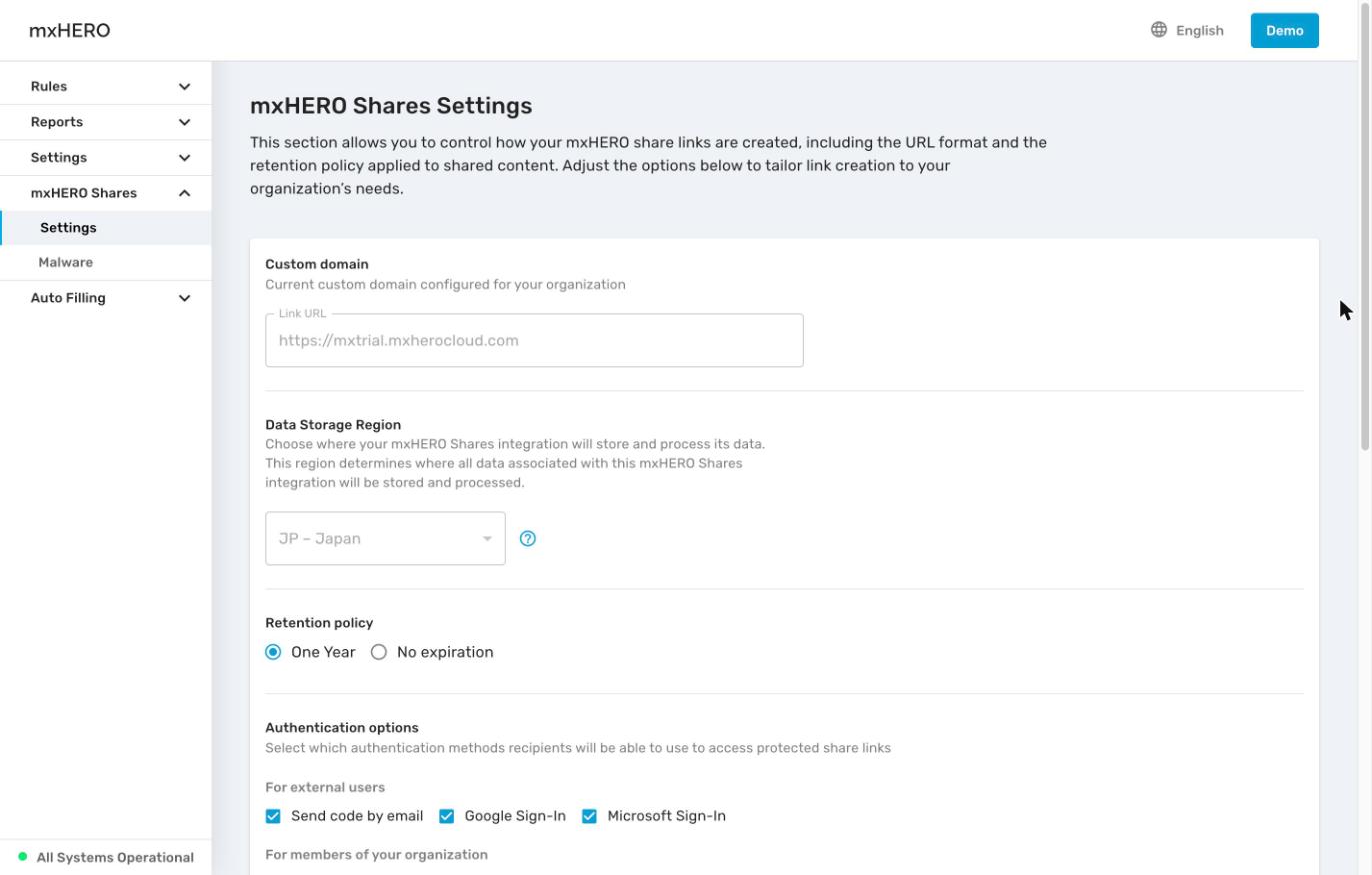 mxHERO Shares Settings page with the link URL, region, retention policy and authentication options