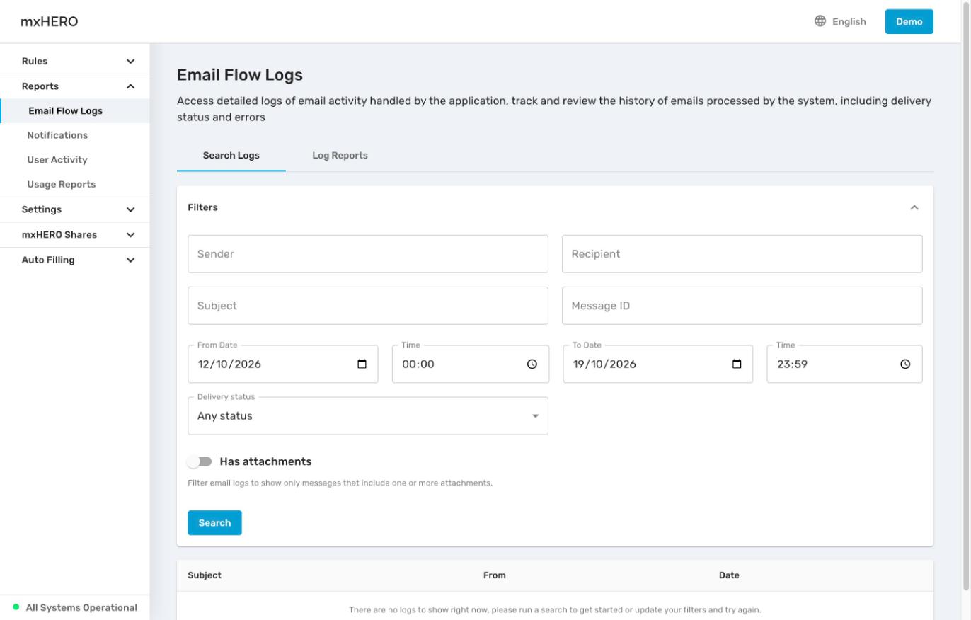 Email Flow Logs Search Logs tab with the Filters panel