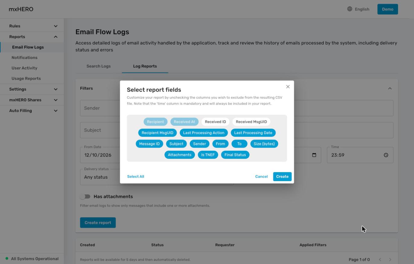 Report field selection window with the available CSV columns