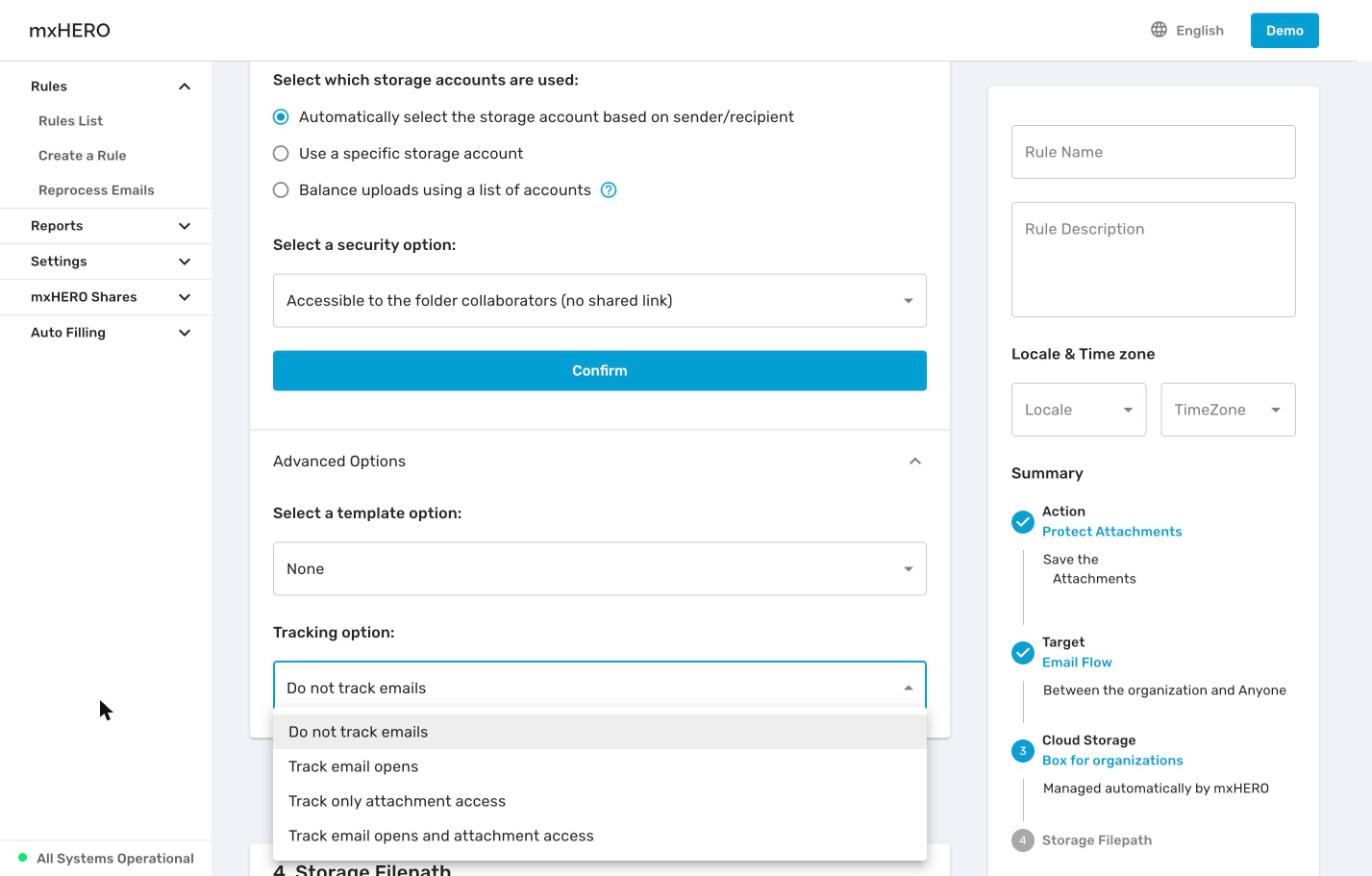 Cloud Storage step Advanced options of a Protect Attachments rule with the Tracking selector open
