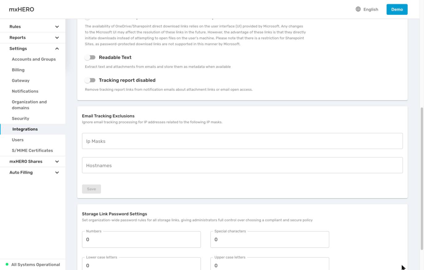 Storage settings tab showing the tracking report switch and the tracking exclusion lists for hostnames and IP masks