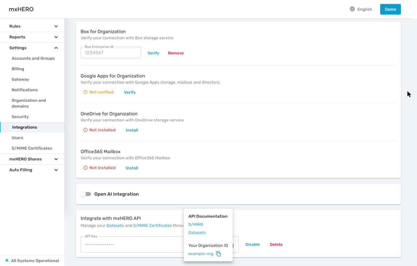 The mxHERO API card on the Integrations Applications tab, showing the key actions and the help popover with the organization ID