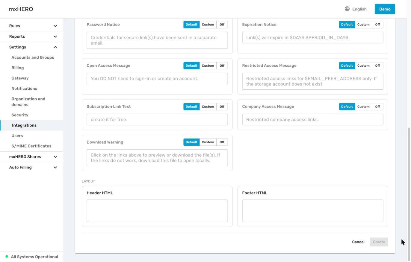 Attachment PDF optional fields and the Header HTML and Footer HTML layout fields
