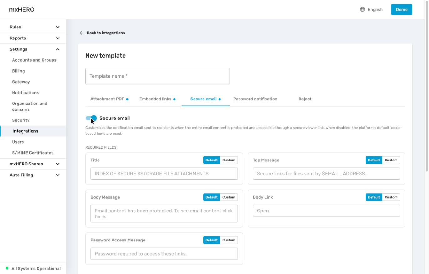 Secure email tab of the template editor
