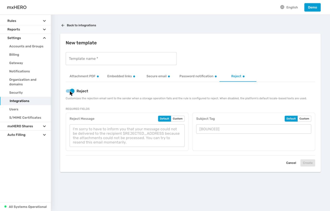 Reject tab of the template editor with the Reject Message and Subject Tag fields