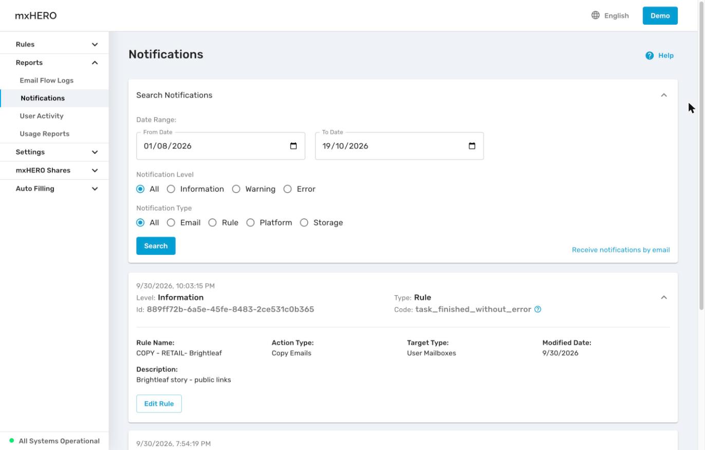Notifications page with the Search Notifications panel and an expanded Rule notification