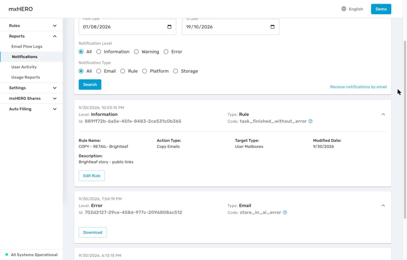 Expanded Rule notification with Edit Rule, and an Email error notification with Download