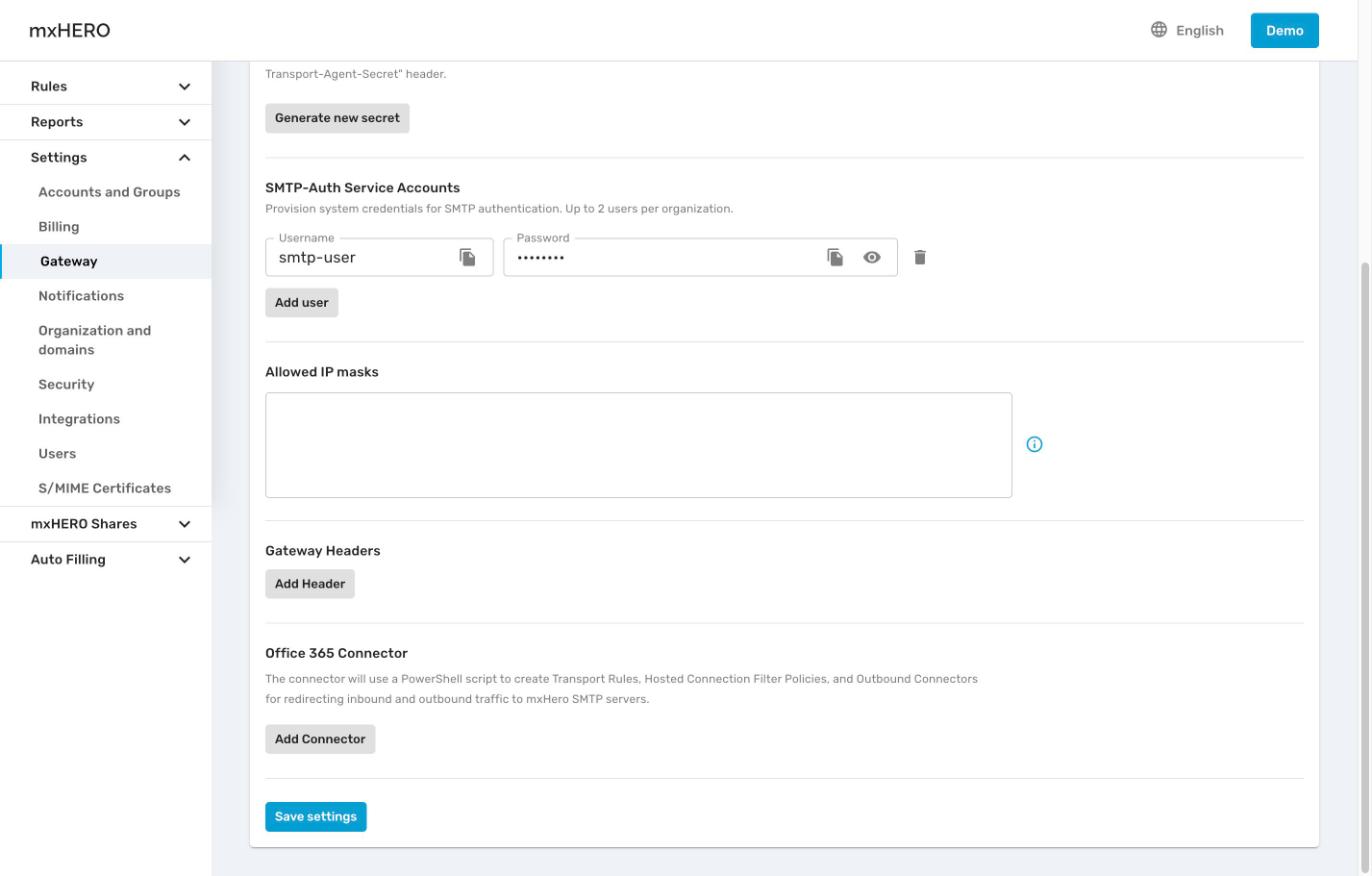 Office 365 Connector section on the Gateway page, before setup