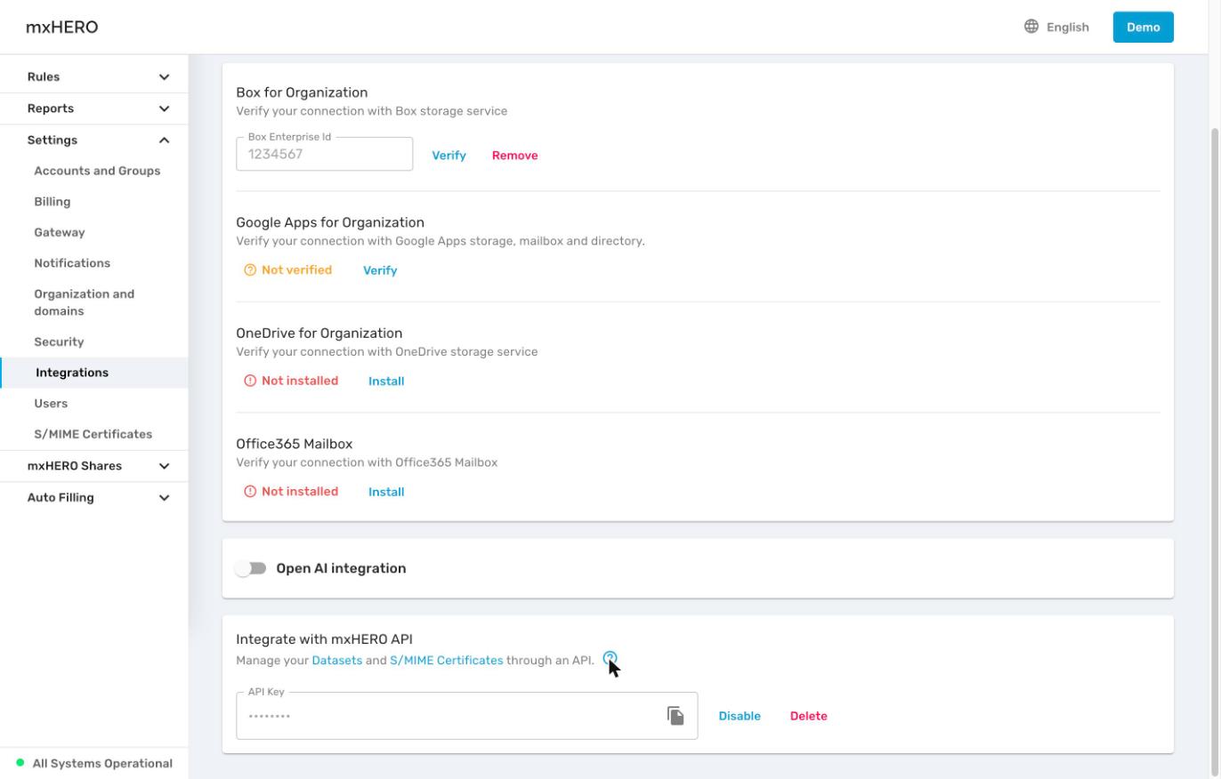 Integrations Applications tab with the Open AI integration toggle and the mxHERO API card