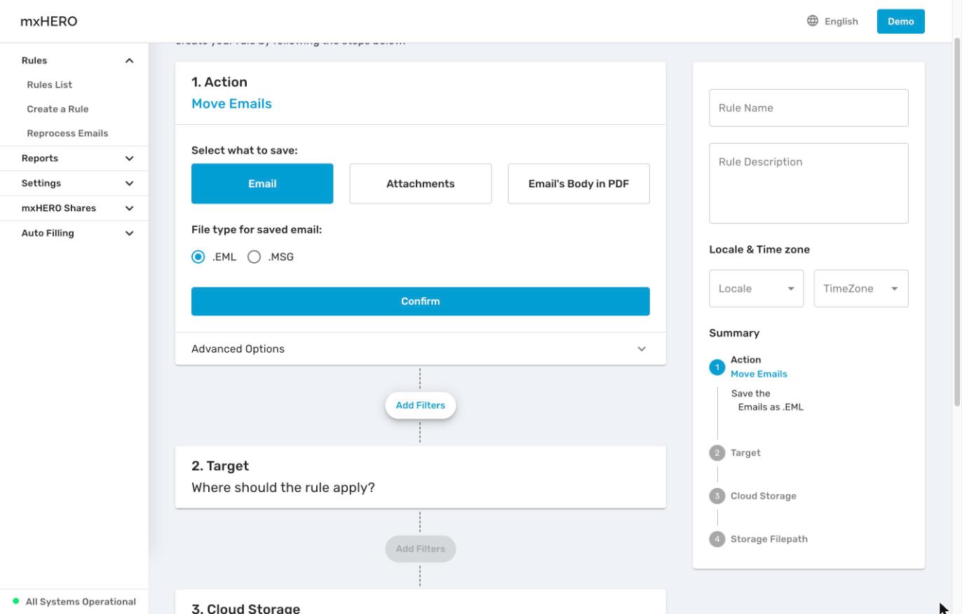 Move Emails Action step with Email selected and the .EML and .MSG choice