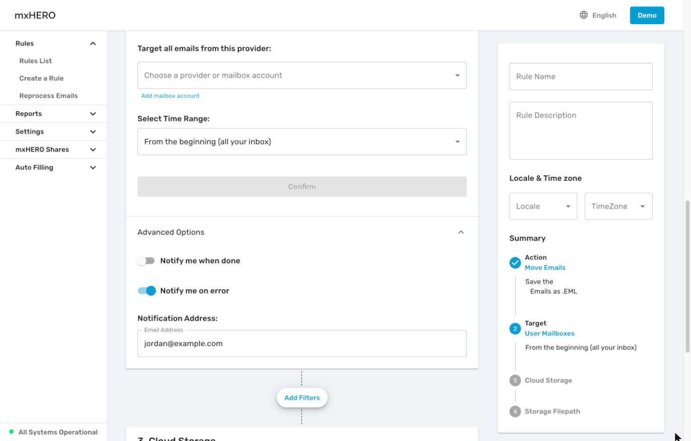 Move Emails Target step with User Mailboxes and its Advanced Options