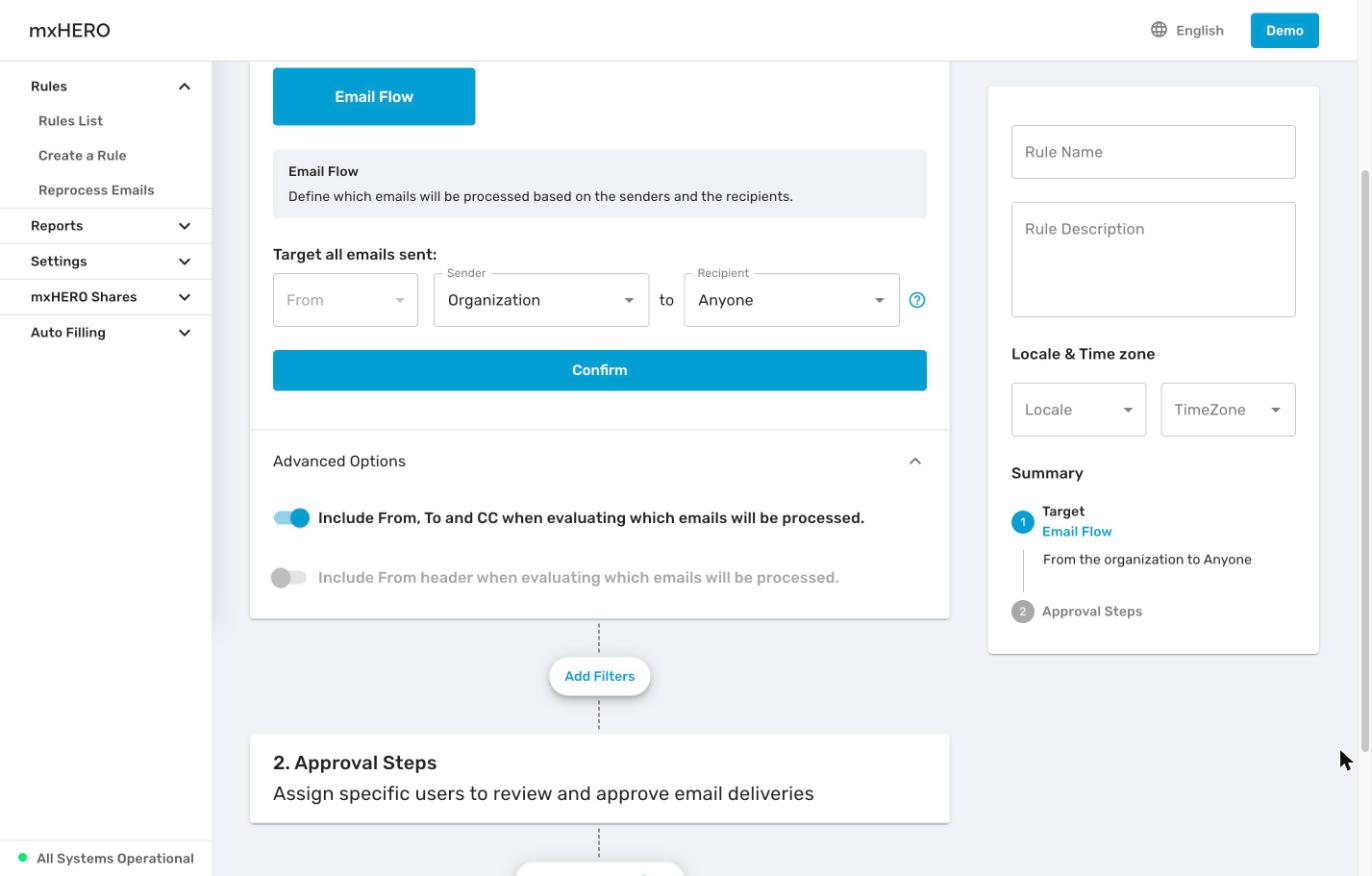 Request Approval Target step with From fixed and the header option on