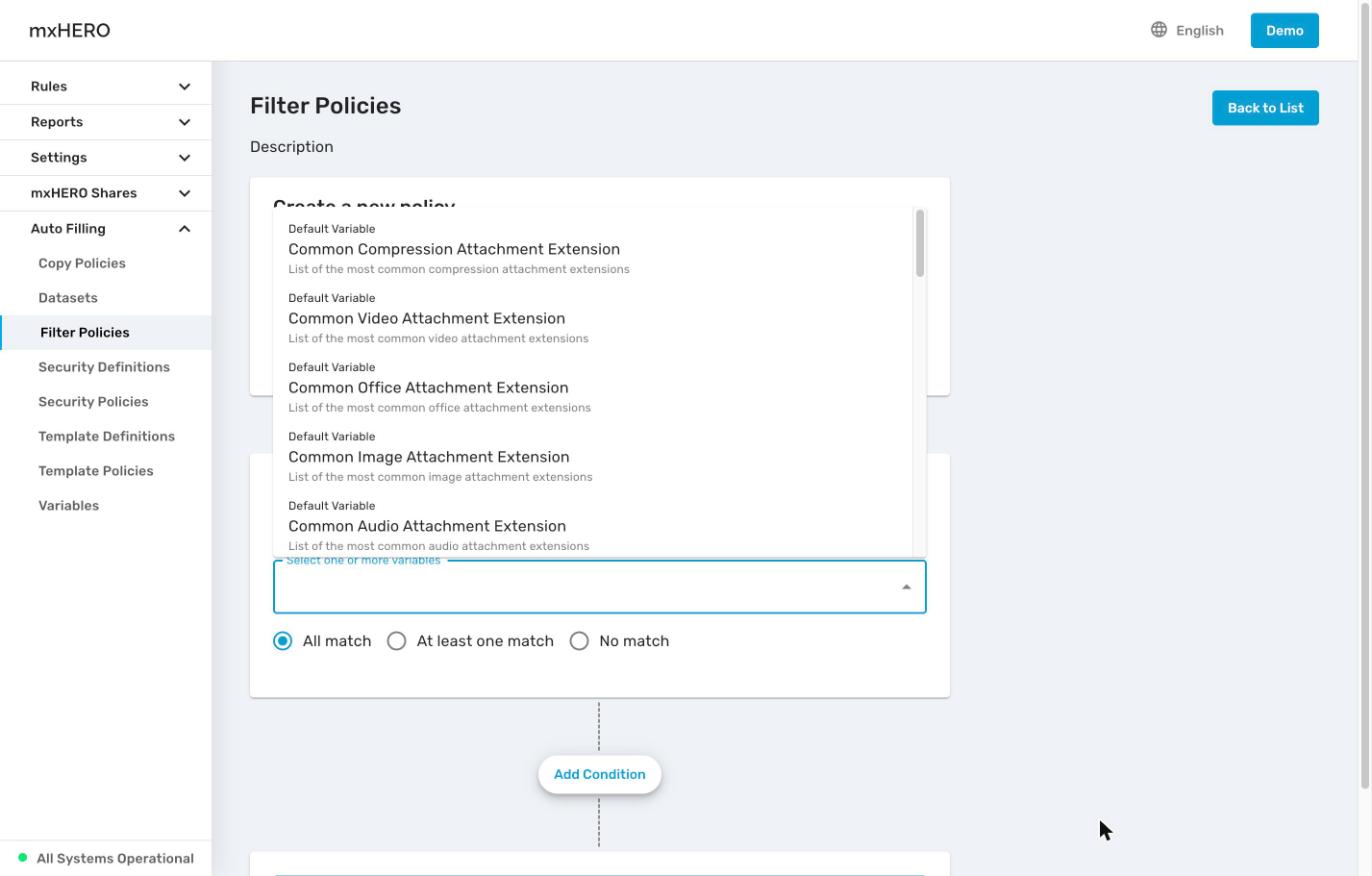 Variable list in a Filter Policy showing Default Variable entries