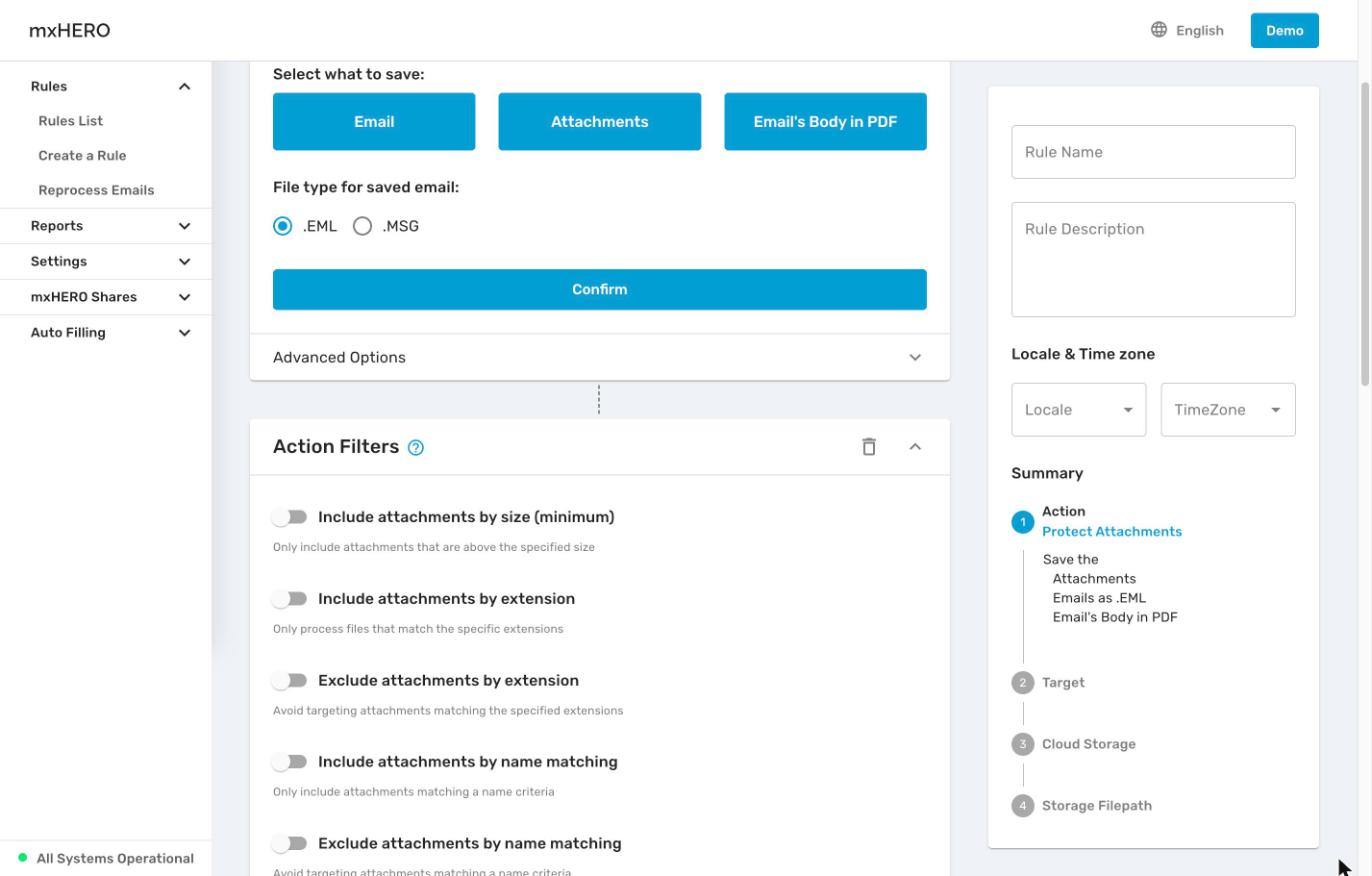 Action Filters panel with attachment filters and Use filter policy