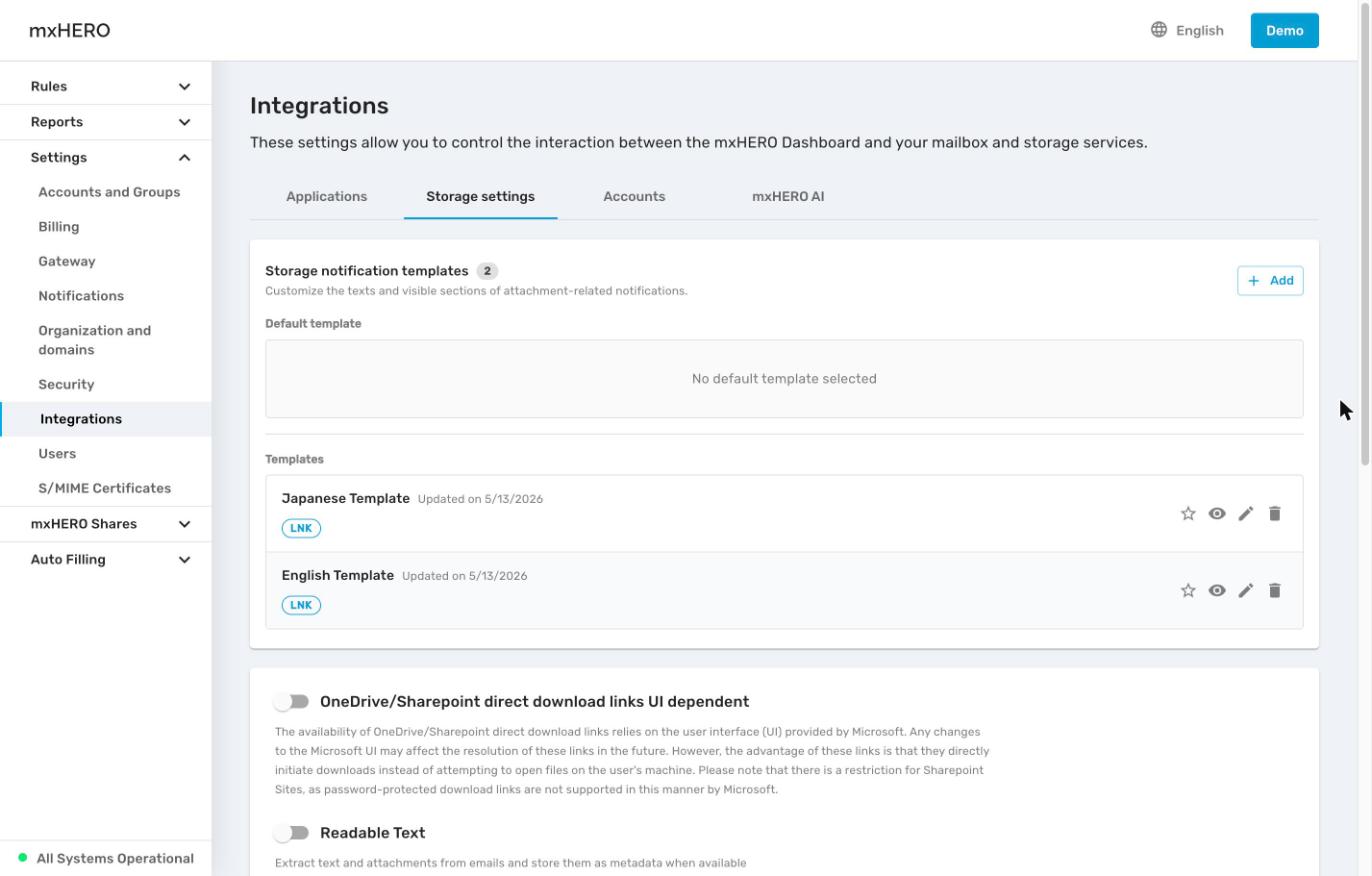 Storage settings tab with the Storage notification templates list, default template area and Add button