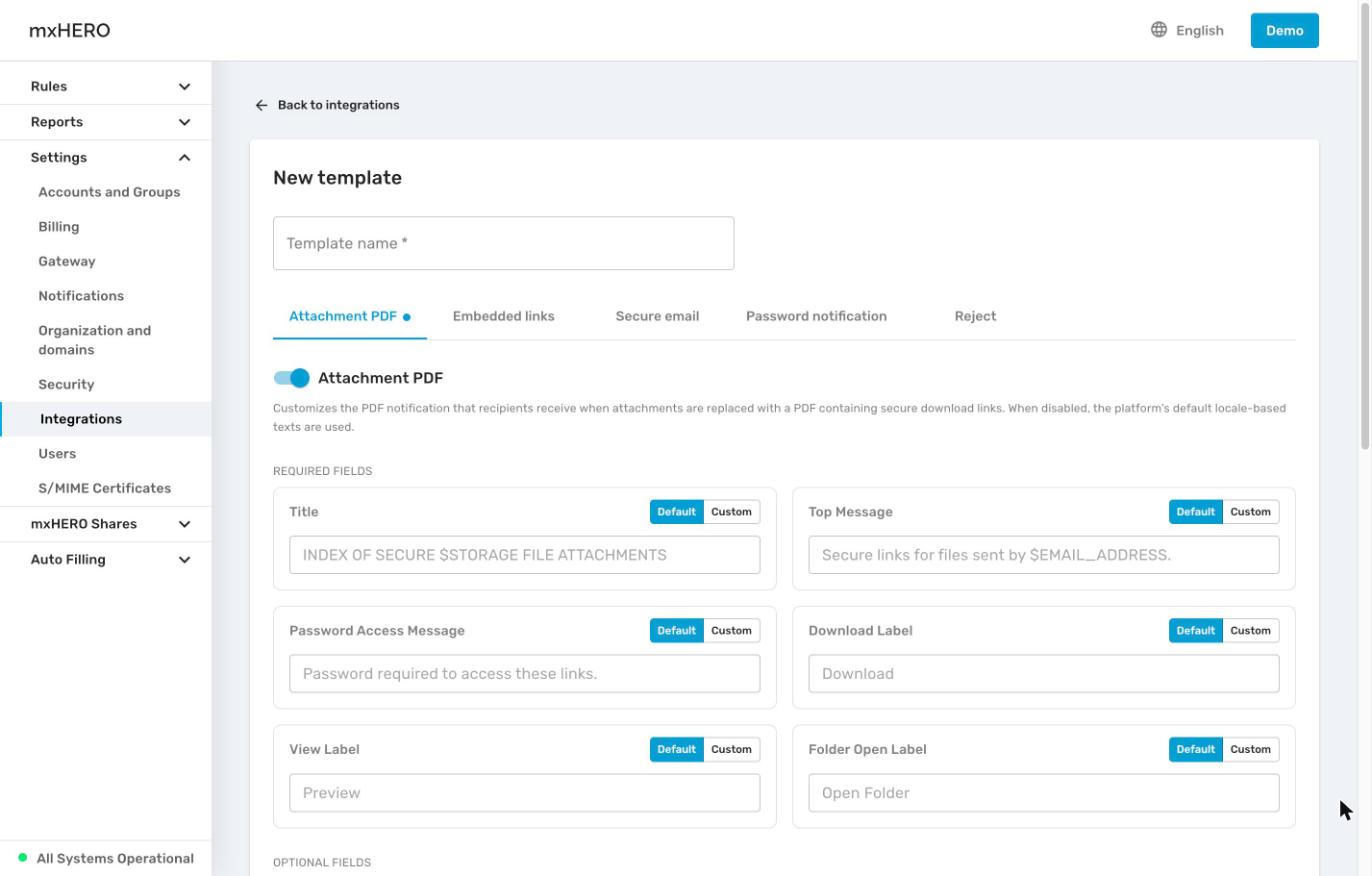 New template editor on the Attachment PDF tab with Default and Custom choices for each field
