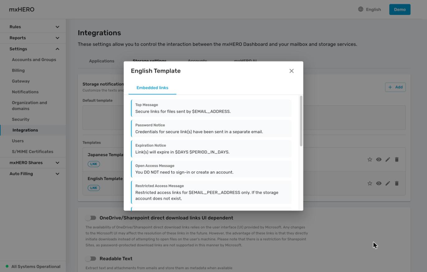 Template View dialog showing the Embedded links texts