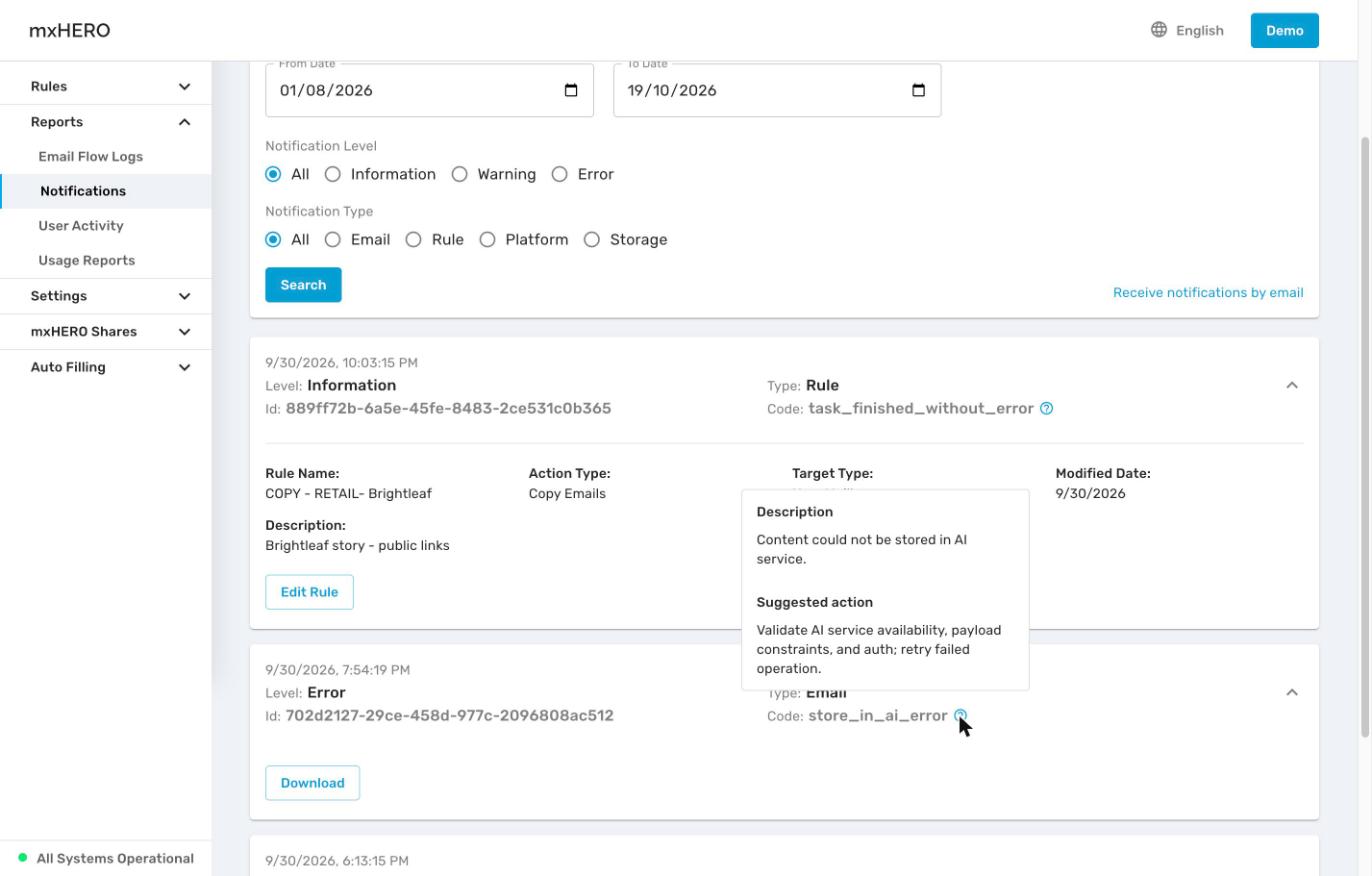 Code help showing a Description and a Suggested action for store_in_ai_error