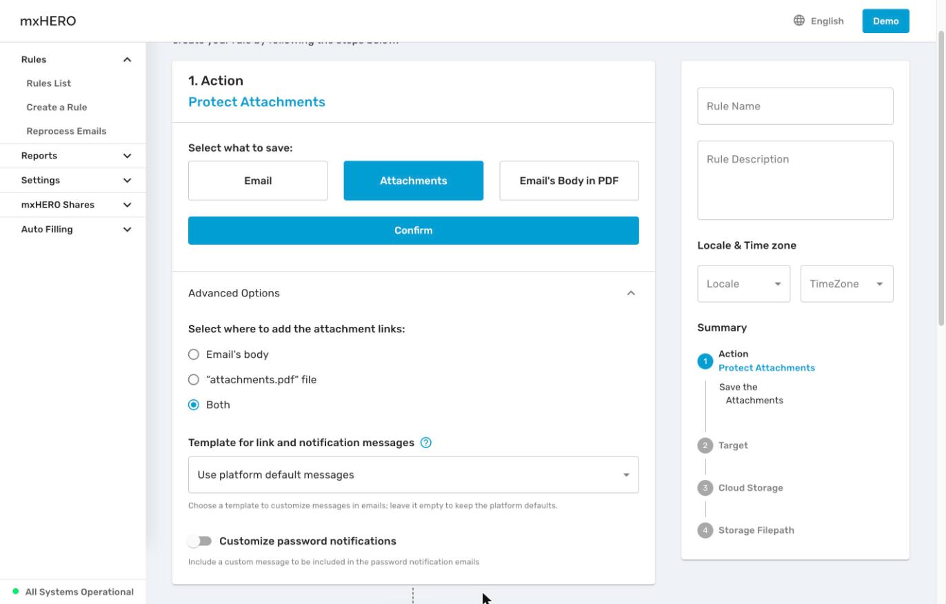 Protect Attachments Advanced Options: link placement, template and Customize password notifications