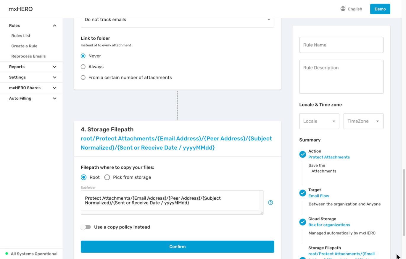 Storage Filepath step with Root, Pick from storage, the Subfolder field and the copy policy toggle