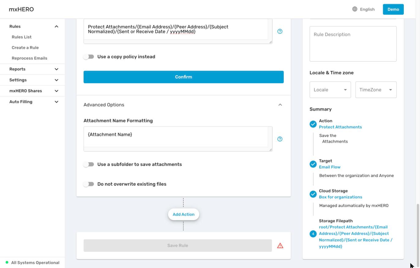 Storage Filepath Advanced Options with Attachment Name Formatting, subfolder and overwrite options